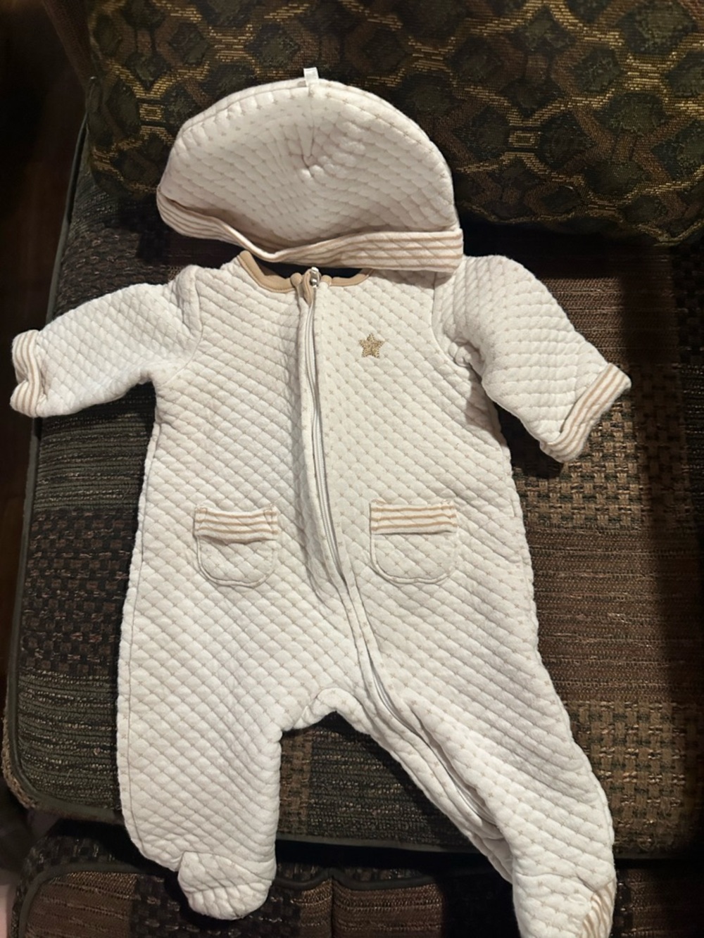 Little Me Quilted Hooded Footed One-Piece in Cream with Tan Trim